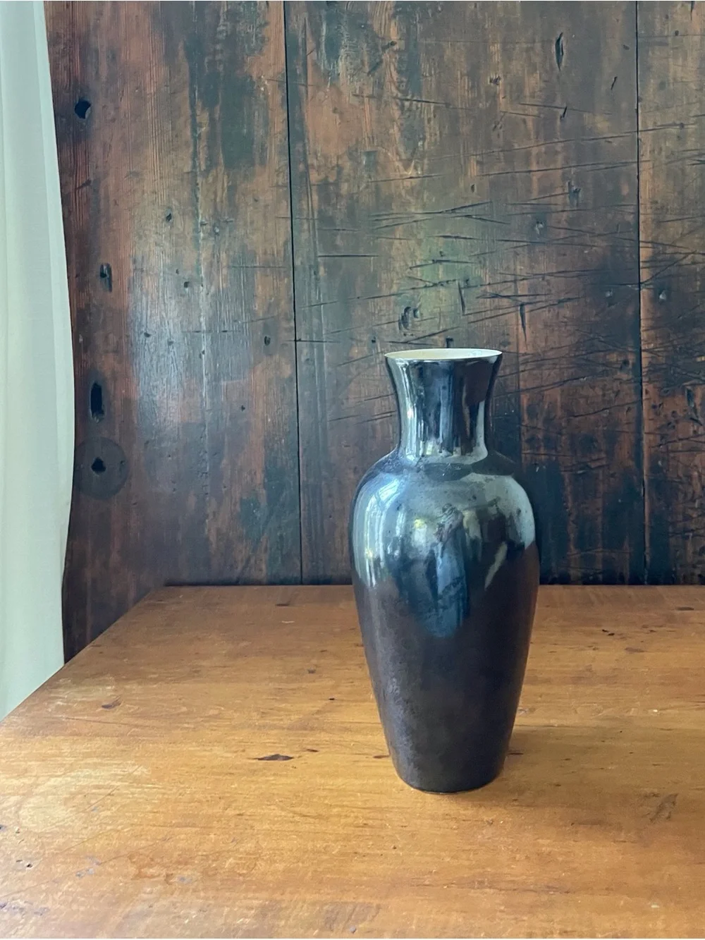 Vintage Mid Century Mod Black With Etched Bamboo Design Japanese Pottery Vase 9”